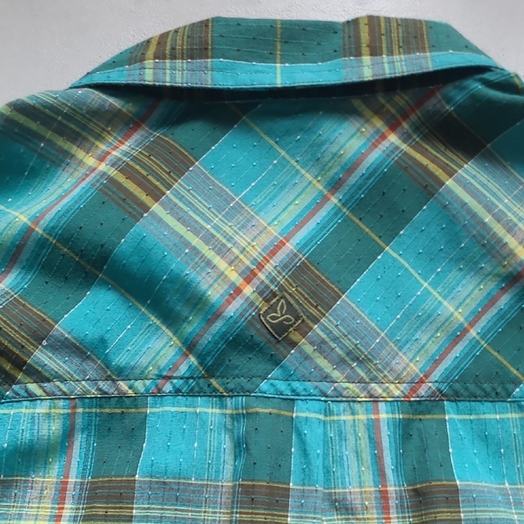 LG prAna Ostend Plaid Short Sleeve Shirt Organic Cotton Blend Green Yellow - Picture 8 of 10